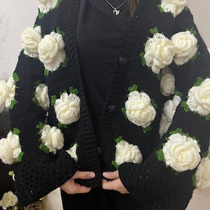 Handmade Crochet Cardigan,  Big White Roses Cardigan, Chunky Cropped, Gift for Her