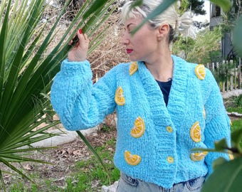 Handmade Crochet Cardigan,  Lemon Cardigan, Fruit Cardigan, Chunky Cropped, Gift for Her, Lemon Square Cardigan