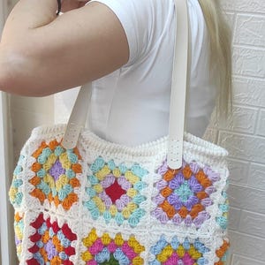 Crochet Granny Square Tote Bag: Handmade Colorful Cotton Handbag