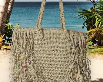 Borsa da spiaggia con frange in rafia Boho: grande borsa a tracolla intrecciata