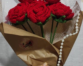Finished Crochet Rose , Handmade Knitted Flowers , Crochet Flower Bouquet, Valentine's Day For Gift