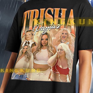 May include: Black unisex t-shirt with a graphic print of a collage of images of a woman with the text "Trisha Paytas" on the front.
