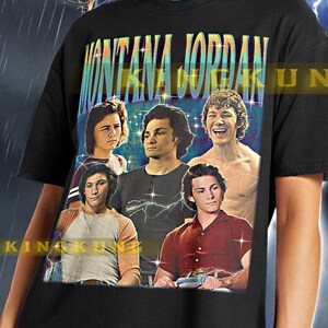 May include: Black unisex t-shirt with a vintage-style graphic of a band called "Montana Jordan". The graphic features five men in a band setting. The shirt is being modeled by a person wearing black leggings.