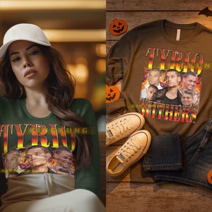 May include: Green long-sleeve shirt with the text "TYRIO WITHERS" in a retro style, featuring a collage of faces. The shirt is paired with jeans and sneakers. Halloween decorations are in the background.