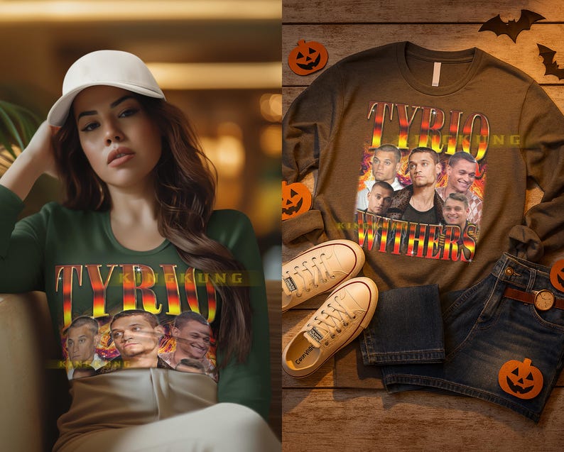 May include: Green long-sleeve shirt with the text "TYRIO WITHERS" in a retro style, featuring a collage of faces. The shirt is paired with jeans and sneakers. Halloween decorations are in the background.