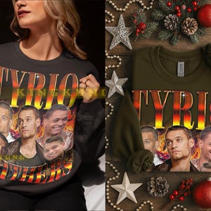 May include: A black sweatshirt with the word "TYRIO" in a gradient orange and yellow font. Below the text are multiple images of a person. The word "BROTHERS" is below the images in a similar font.