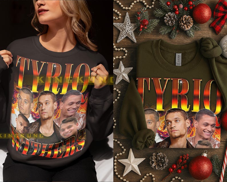 May include: A black sweatshirt with the word "TYRIO" in a gradient orange and yellow font. Below the text are multiple images of a person. The word "BROTHERS" is below the images in a similar font.
