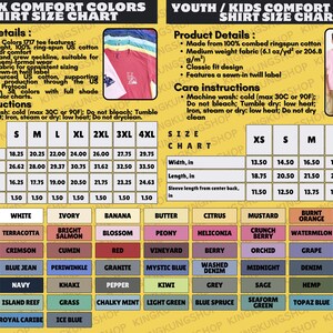 May include: A size chart for unisex and youth Comfort Colors shirts, detailing measurements in inches. Includes product details like fabric weight and care instructions. Features a wide range of colors, from Black to Blue Lagoon.