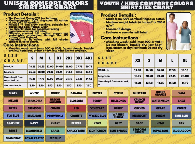May include: A size chart for unisex and youth Comfort Colors shirts, detailing measurements in inches. Includes product details like fabric weight and care instructions. Features a wide range of colors, from Black to Blue Lagoon.