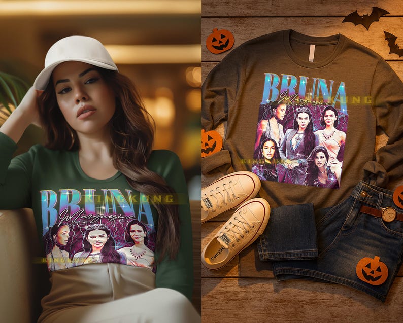 May include: A green long-sleeve shirt with the text "BRUNA Magazine" and a graphic of five women. The shirt is paired with jeans and sneakers. The image also includes a woman wearing a white cap and the same shirt.