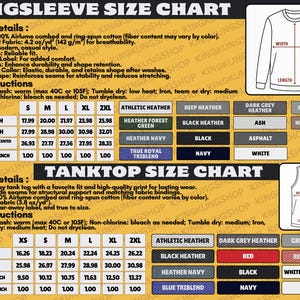 May include: Size charts for long sleeve shirts and tank tops, with measurements in inches. Includes product details, care instructions, and color options like Athletic Heather and Black.