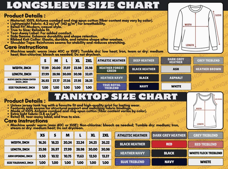May include: Size charts for long sleeve shirts and tank tops, with measurements in inches. Includes product details, care instructions, and color options like Athletic Heather and Black.