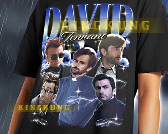 May include: Black t-shirt featuring a graphic of David Tennant with the text "DAVID Tennant KINGKUNG". The design includes multiple images of the actor. The shirt is worn by a person.