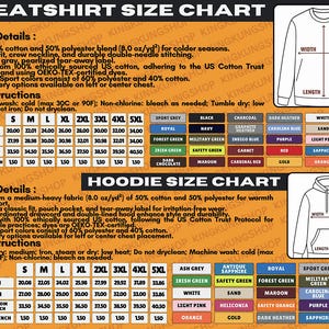 May include: A size chart for sweatshirts and hoodies, detailing measurements in inches for width, length, and sleeve length. Includes color swatches and care instructions for washing and drying.