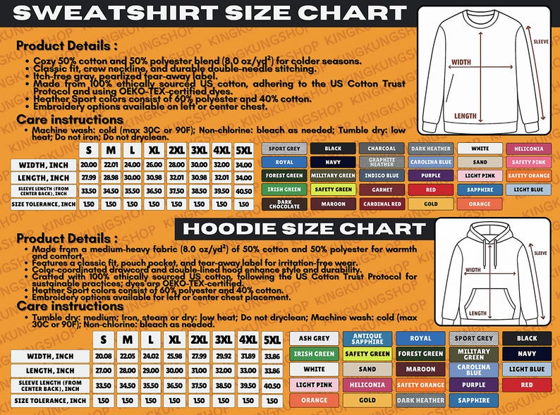 May include: A size chart for sweatshirts and hoodies, detailing measurements in inches for width, length, and sleeve length. Includes color swatches and care instructions for washing and drying.