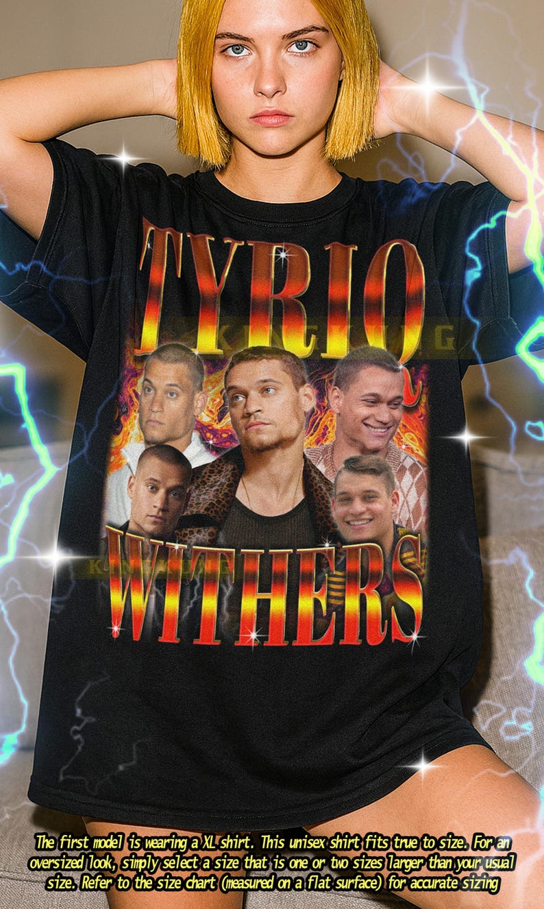 May include: Black unisex t-shirt featuring the text "TYRIO WITHERS" in a retro style with a portrait of a man. The shirt has a vintage aesthetic with a distressed look and a vibrant color palette.