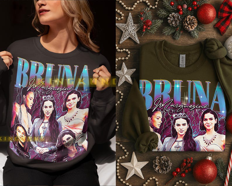 May include: Two sweatshirts, one dark gray and one olive green, each featuring a graphic of several women and the name "BRUNA MARQUEZINE" in a retro font. The dark gray sweatshirt is being worn, while the olive green one is displayed on a wooden surface with holiday decorations.