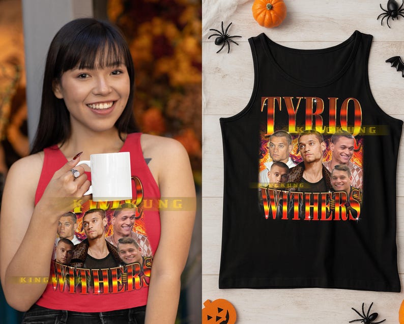 May include: A red tank top and a black tank top featuring a graphic design with the text "TYRIO WITHERS" and images of a man. The red tank top is being held by a person. The black tank top is on a flat surface.