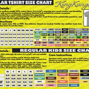 May include: Size chart for regular and kids' t-shirts, featuring measurements in inches and a wide array of colors. Includes product details, care instructions, and fabric information for various sizes.