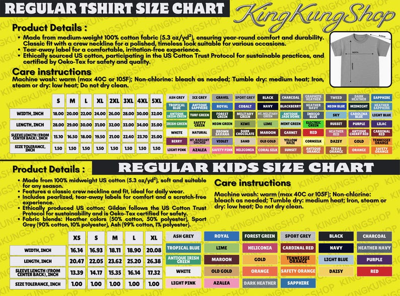 May include: Size chart for regular and kids' t-shirts, featuring measurements in inches and a wide array of colors. Includes product details, care instructions, and fabric information for various sizes.