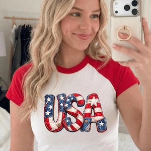 USA Patchwork Raglan Crop Top, Y2k American Flag Denim Graphic Tee,  4th of July Vintage Crop Top, July 4th Outfit, Not Real Embroidery