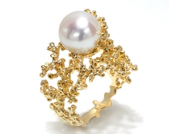 CORAL 14k Gold Pearl Engagement Ring, Pearl Gold Ring, Large Pearl Ring, Ocean Jewelry, Round White Pearl Ring Gold, Unique Pearl Ring Women