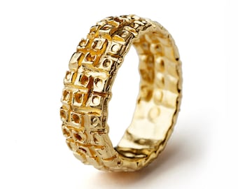 HONEYCOMB Ring, 14k Yellow Gold Textured Wedding Band, Unieke Wedding Band voor mannen voor vrouwen, Wide Wedding Band Gold