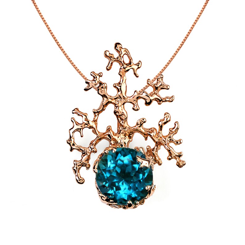 CORAL London Blue Topaz Pendant Necklace, 14k Rose Gold Necklace, London Blue Topaz Necklace, Unique Solid Gold Necklace, Gemstone Necklace image 3