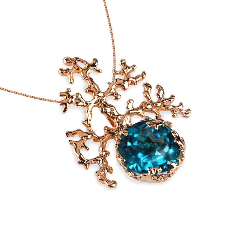 CORAL London Blue Topaz Pendant Necklace, 14k Rose Gold Necklace, London Blue Topaz Necklace, Unique Solid Gold Necklace, Gemstone Necklace image 2