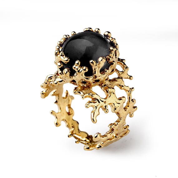 Coral 14k Gold Onyx Ring Black Onyx Engagement Ring Unieke Etsy