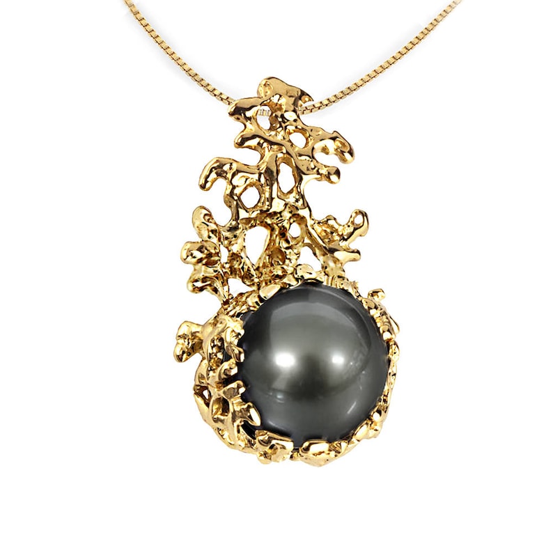 CORAL 14K Gold Black Tahitian Pearl Pendant Necklace, Gold Pearl Necklace Wedding, Black Pearl Pendant, Tahitian Pearl Necklace image 2