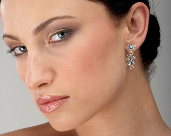 Between The Seaweeds Swiss Blue Topaz Earrings, 14k White Gold Earrings, Post Dangle Earrings Gold, Gift for Her, Gemstone Earrings