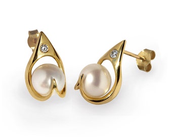 RA 14K Gold Pearl Earrings, Egyptian Jewelry, Pearl Bridal Jewelry, Pearl Bridal Earrings Gold, Unique Pearl Stud Earrings