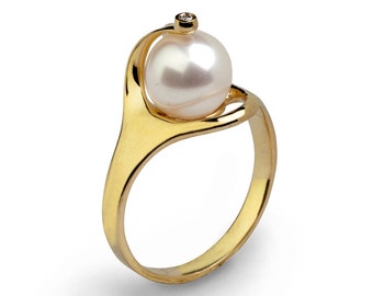 RA 14k Gold Pearl Ring,  Gold Pearl Engagement Ring, Diamond Pearl Ring, Pearl Diamond Engagement Ring, Pearl Diamond Ring