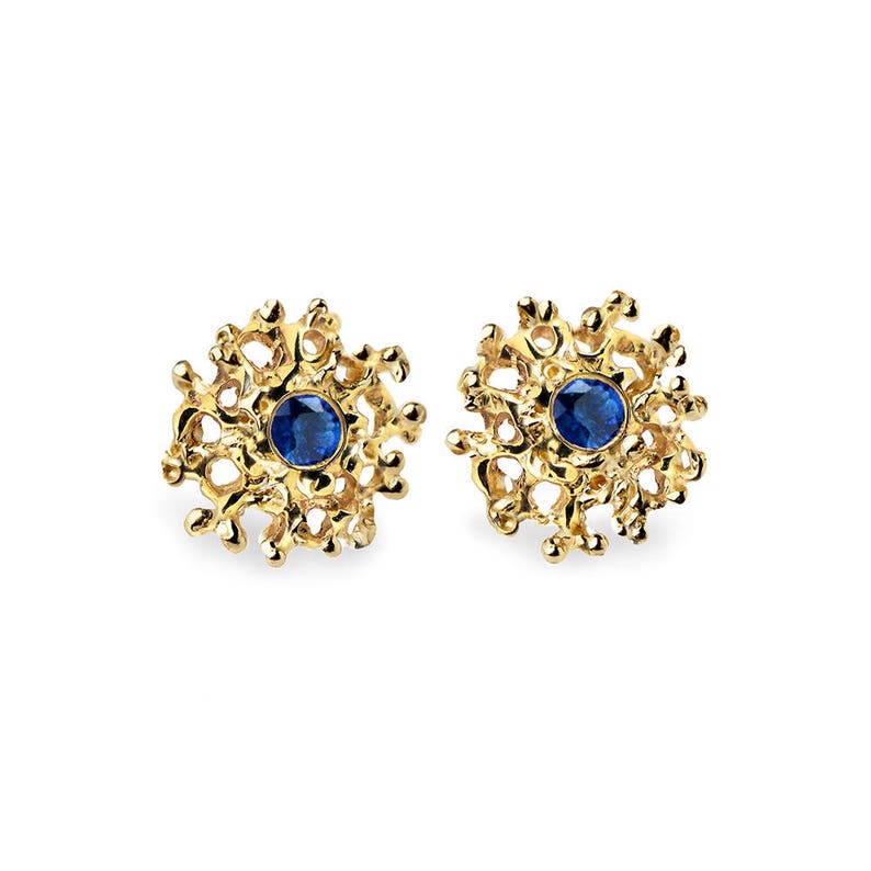 CORAL 14K Gold Earrings Posts Medium, Gold Posts, Gold Sapphire Earrings, Blue Sapphire Studs Earrings, Gold Stud Earrings image 2