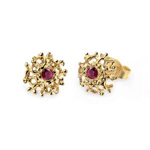 CORAL 14K Gold Earrings Posts Medium, Gold Posts, Gold Ruby Earrings,  Ruby Stud Earrings, Gold Stud Earrings