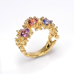 CORAL 3 STONE Ring, 14k Gold Tourmaline Ring, Tanzanite Ring, Amethyst Ring, Mother's Ring, Birthstone Ring, 3 Stone Engagement Ring