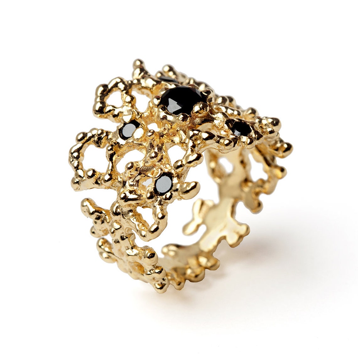 CORAL Black Diamond Ring 14k Yellow Gold Black Diamond Band Etsy