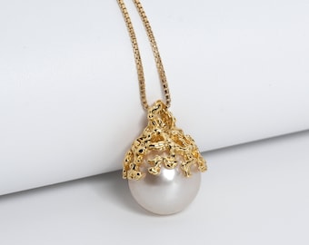 CORAL 14K Gold White Freshwater Pearl Pendant Necklace, Gold Pearl Necklace Wedding, White Round Pearl Pendant, Bridal Jewelry