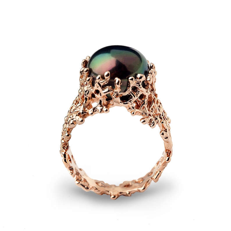 CORAL Black Pearl Ring, Black Pearl Engagement Ring, Rose Gold Engagement Ring, Rose Gold Pearl Ring, Alternative Engagement Ring, Mermaid image 3