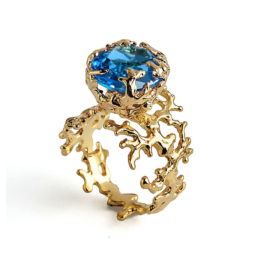 CORAL Blue Topaz Engagement Ring 18k Gold Ring Unique Gold - Etsy