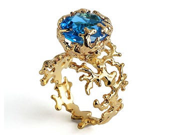 CORAL Blue Topaz Engagement Ring, 18k Gold Ring, Unique Gold Ring, Gold Gemstone Ring, Blue Topaz Ring Gold