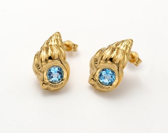 SEASHELL Earrings, Gold Blue Topaz Earrings, Unique Stud Earrings, 14k Gold Shell Earrings, Mermaid Jewelry, Swiss Blue Topaz Studs, Ocean