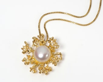 CORAL FLOWER Pearl Necklace Wedding, Bridal Jewelry Pearl, 14k Gold Pearl Necklace Gold, Unique Pearl Pendant, Nature Inspired Jewelry