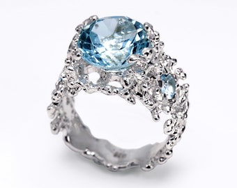 CORAL TRIO Sky Blue Topaz Ring, White Gold Engagement Ring, 14k White Gold Ring for Women, Gold Gemstone Ring, Three Stone Ring, Birthstone
