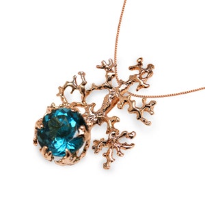 CORAL London Blue Topaz Pendant Necklace, 14k Rose Gold Necklace, London Blue Topaz Necklace, Unique Solid Gold Necklace, Gemstone Necklace image 1