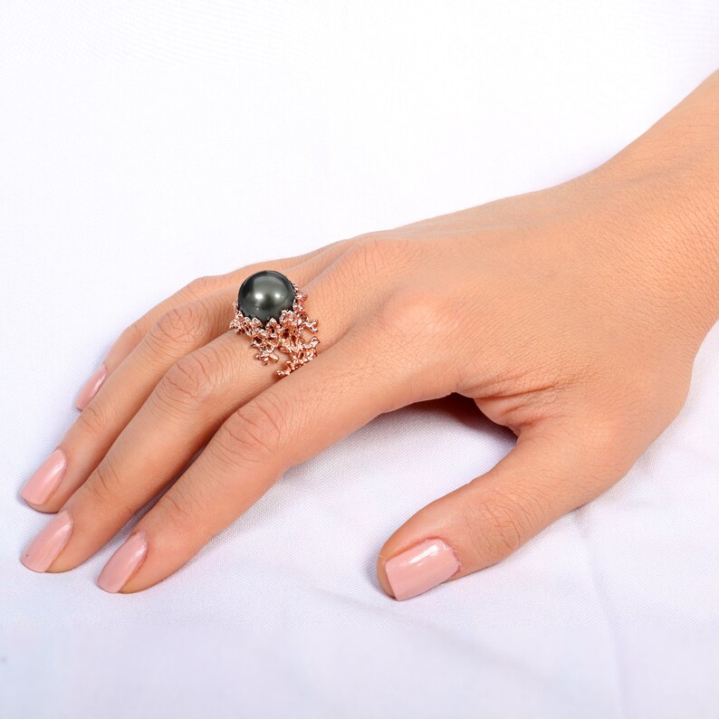 CORAL Tahitian Pearl Ring Gold Pearl Engagement Ring Black | Etsy