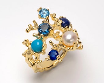 OCEAN Ring, Blue Topaz Ring, 14k Gold White Pearl Ring, Lapis Lazuli Ring, Turquoise Ring, Statement Gemstone Ring, Ocean Inspired Jewelry