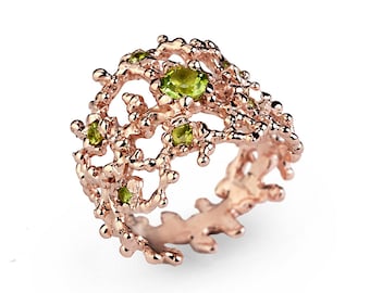 CORAL Rose Gold Peridot Ring, 14k Rose Gold Peridot Band, Peridot Ring Gold, Wide Rose Gold Ring, Peidot Wedding Band, Unique Wedding Band