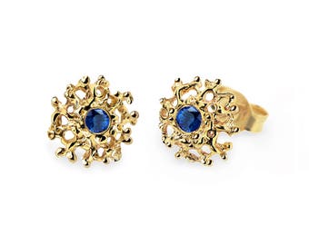 CORAL 14K Gold Earrings Posts Medium, Gold Posts, Gold Sapphire Earrings,  Blue Sapphire Studs Earrings, Gold Stud Earrings